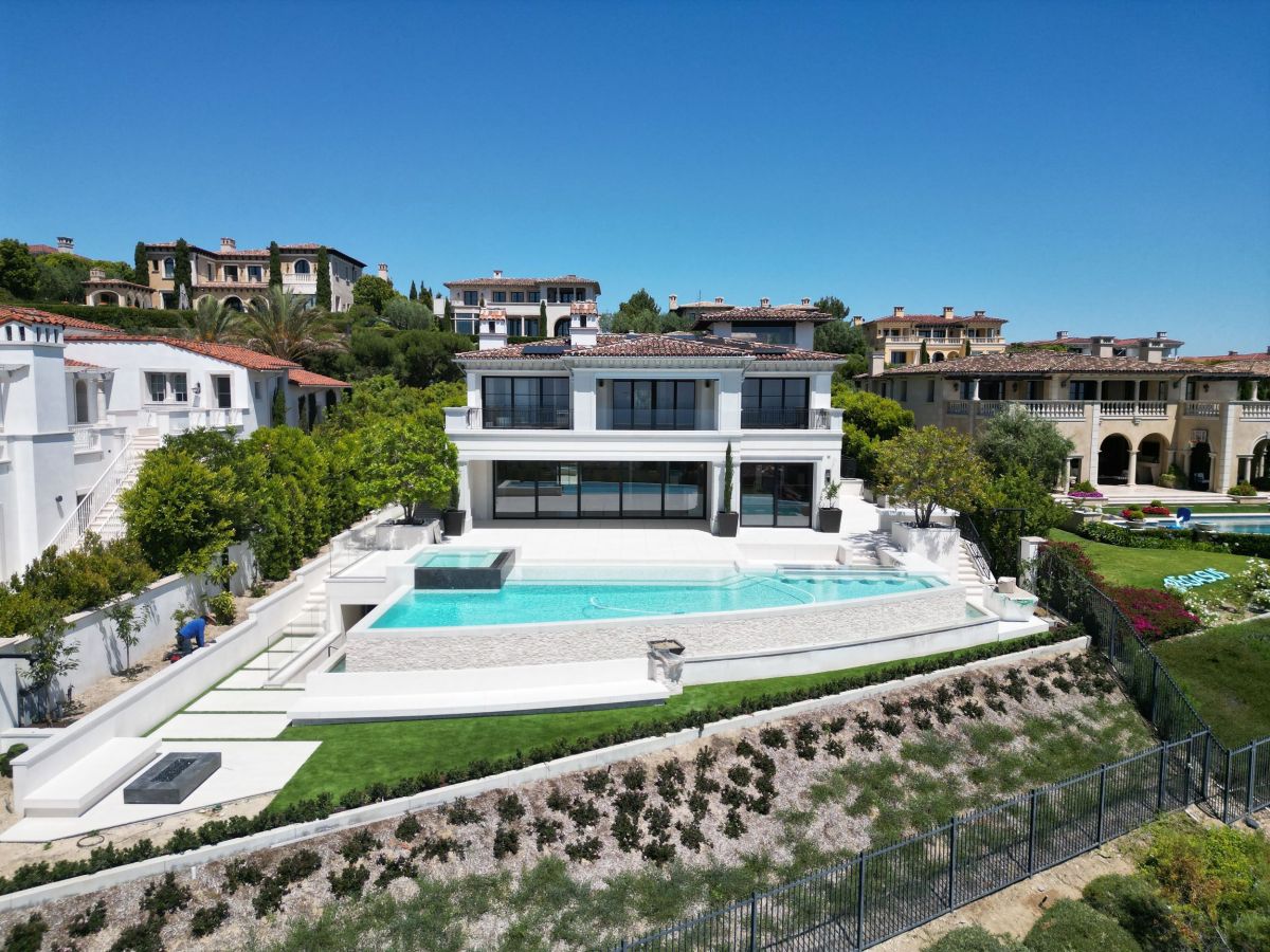 Crystal Cove Newport Beach Mansion Aerial with Pool